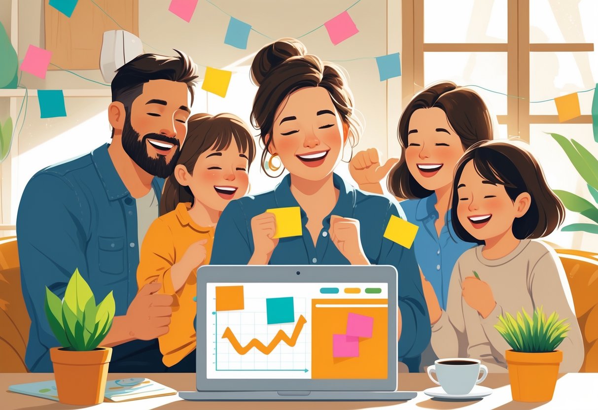 A mother and her family happily celebrating small business achievements together at home around a table with a laptop.