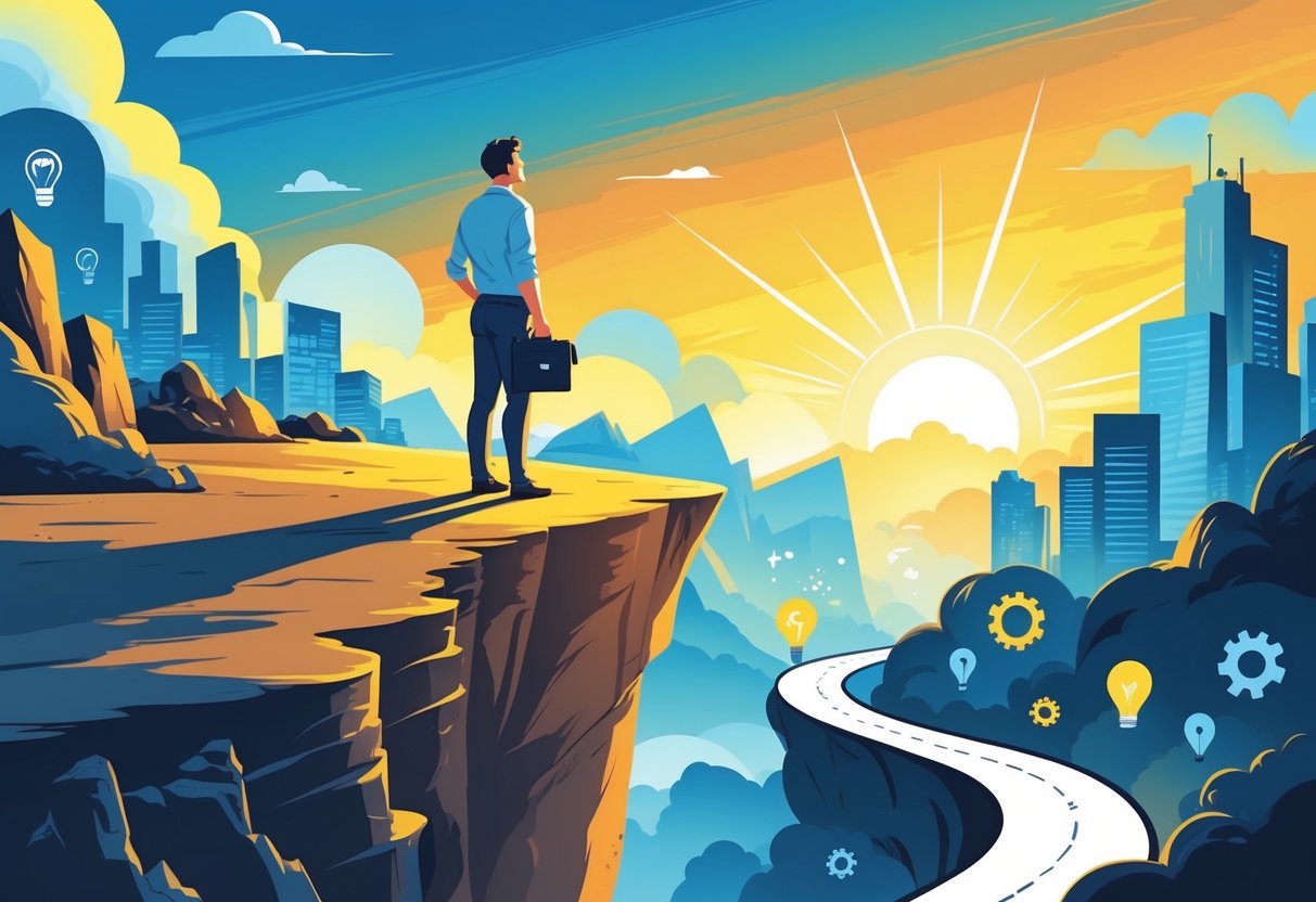 A person standing on a cliff edge looking toward a bright sunrise over a city, with shadows fading below and a path leading forward.