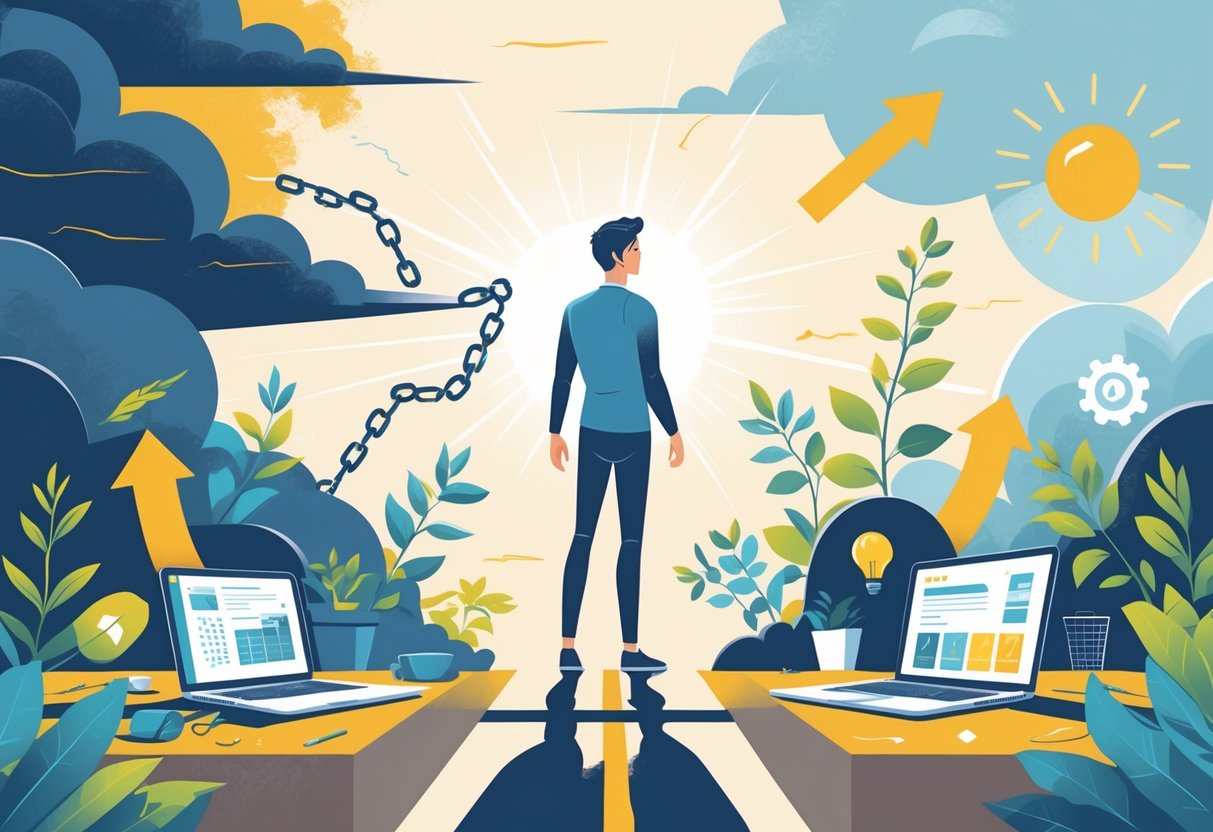 A person standing confidently at a crossroads with symbols of fear fading away on one side and signs of growth and opportunity on the other.