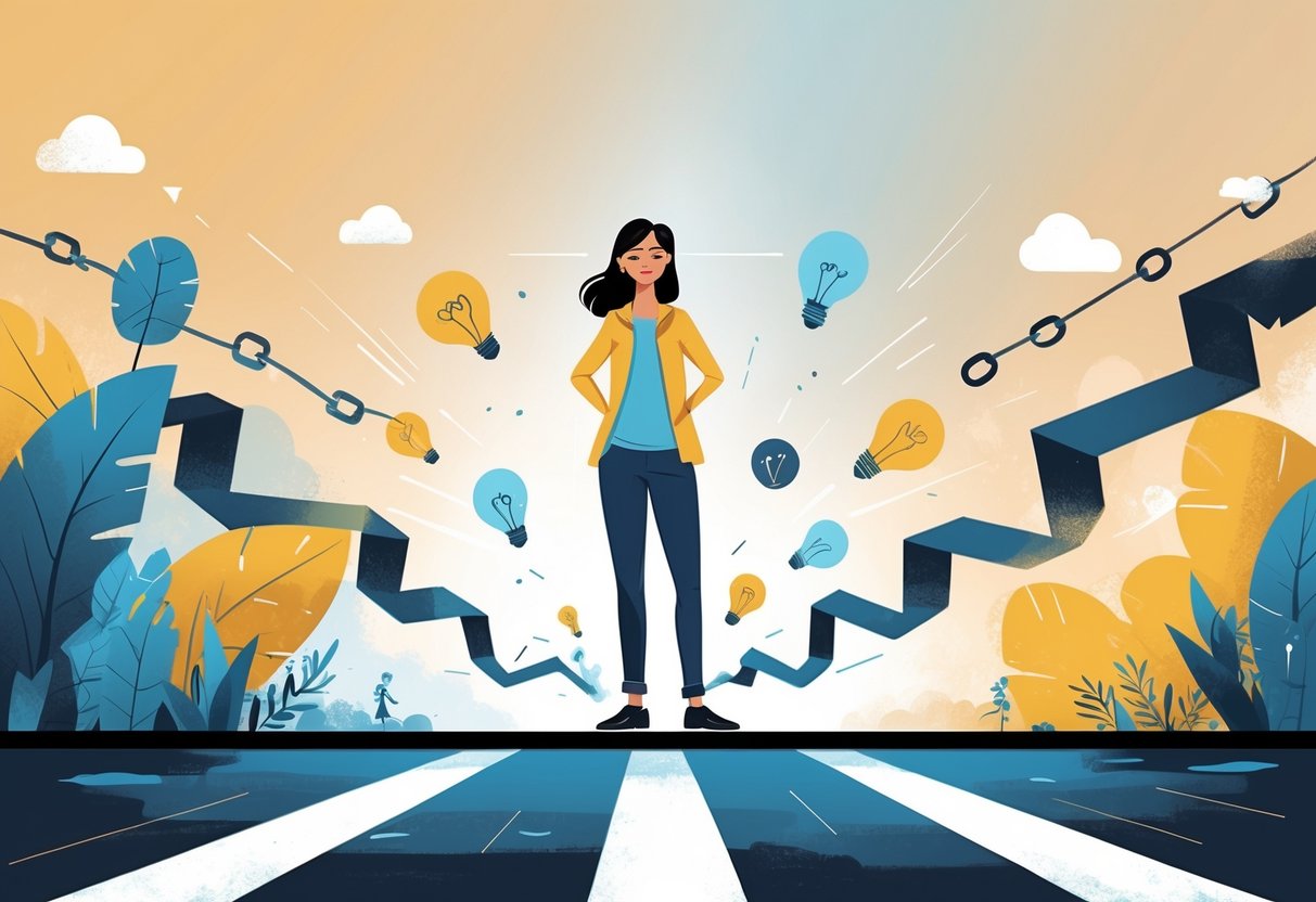 A person standing confidently at a starting line with a clear path ahead, leaving shadows behind and moving toward growth symbols like plants and light bulbs.