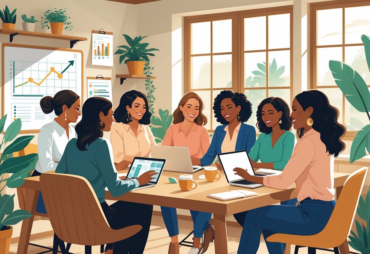 A group of diverse women working together around a table in a bright room, collaborating and supporting each other.