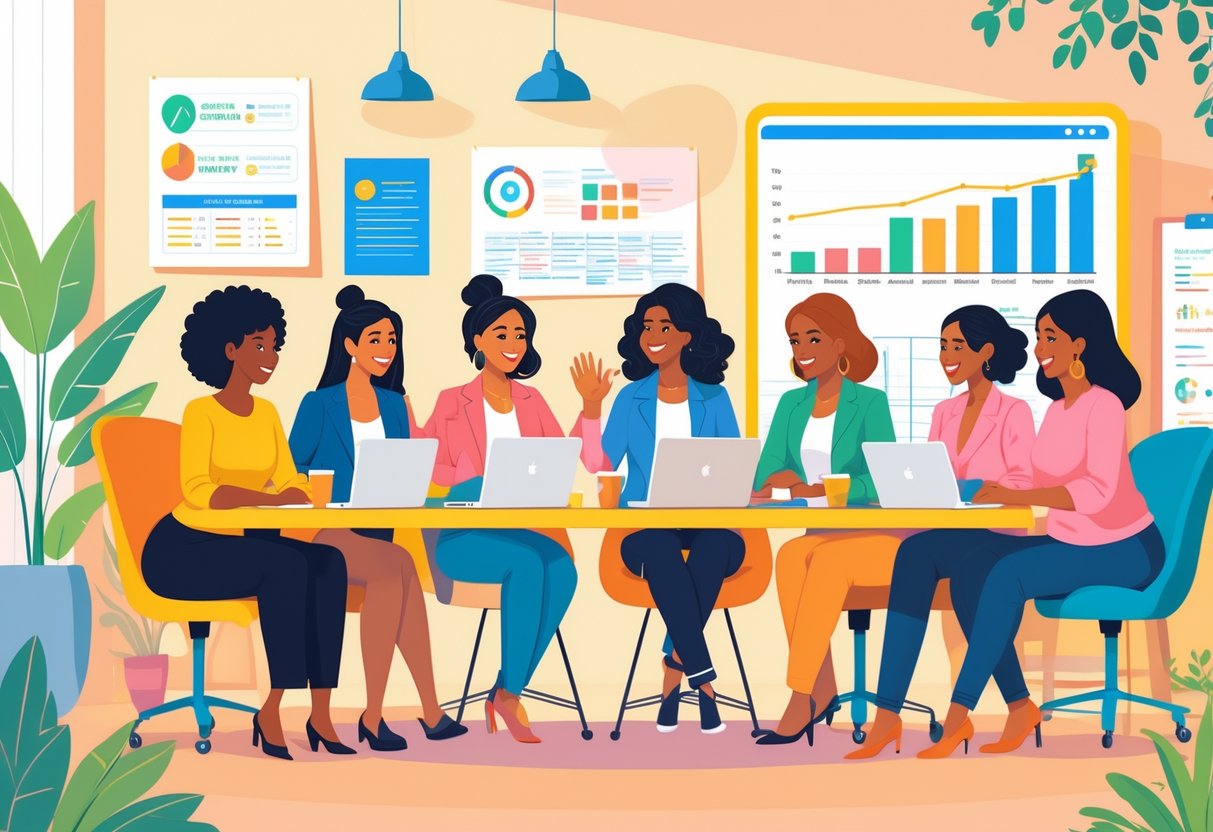 A diverse group of women working together around a table in a bright coworking space, collaborating and supporting each other.