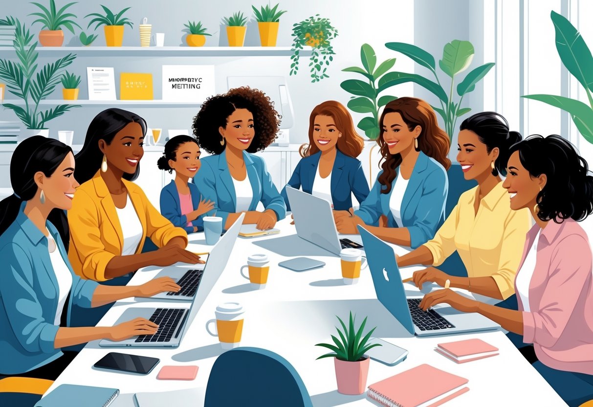 A group of diverse women with children gathered around a table, working together and supporting each other in a home office setting.