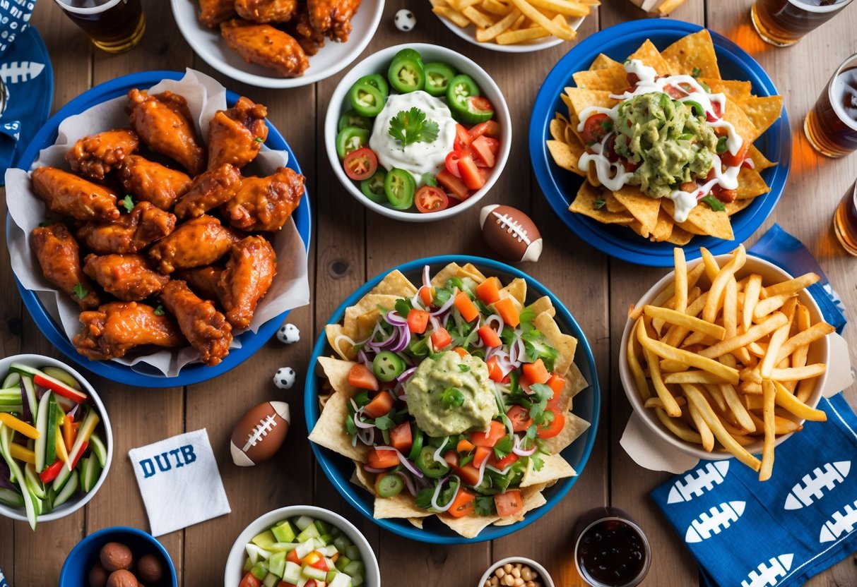 A table filled with popular Super Bowl party foods including chicken wings, nachos, sliders, vegetable crudit&eacute;s, and French fries with drinks and football-themed decorations.
