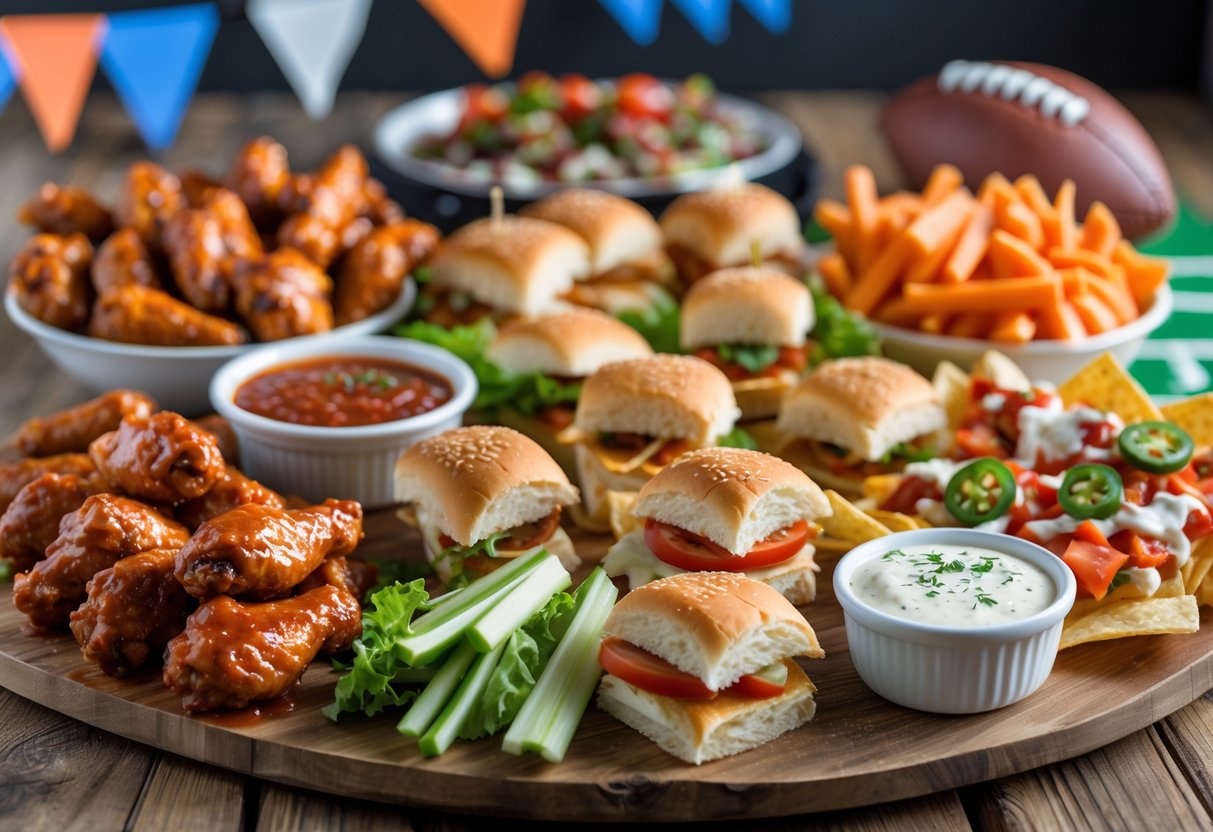 A table filled with a variety of finger foods including chicken wings, sliders, nachos, mozzarella sticks, and vegetable sticks with dips, set for a game day party.