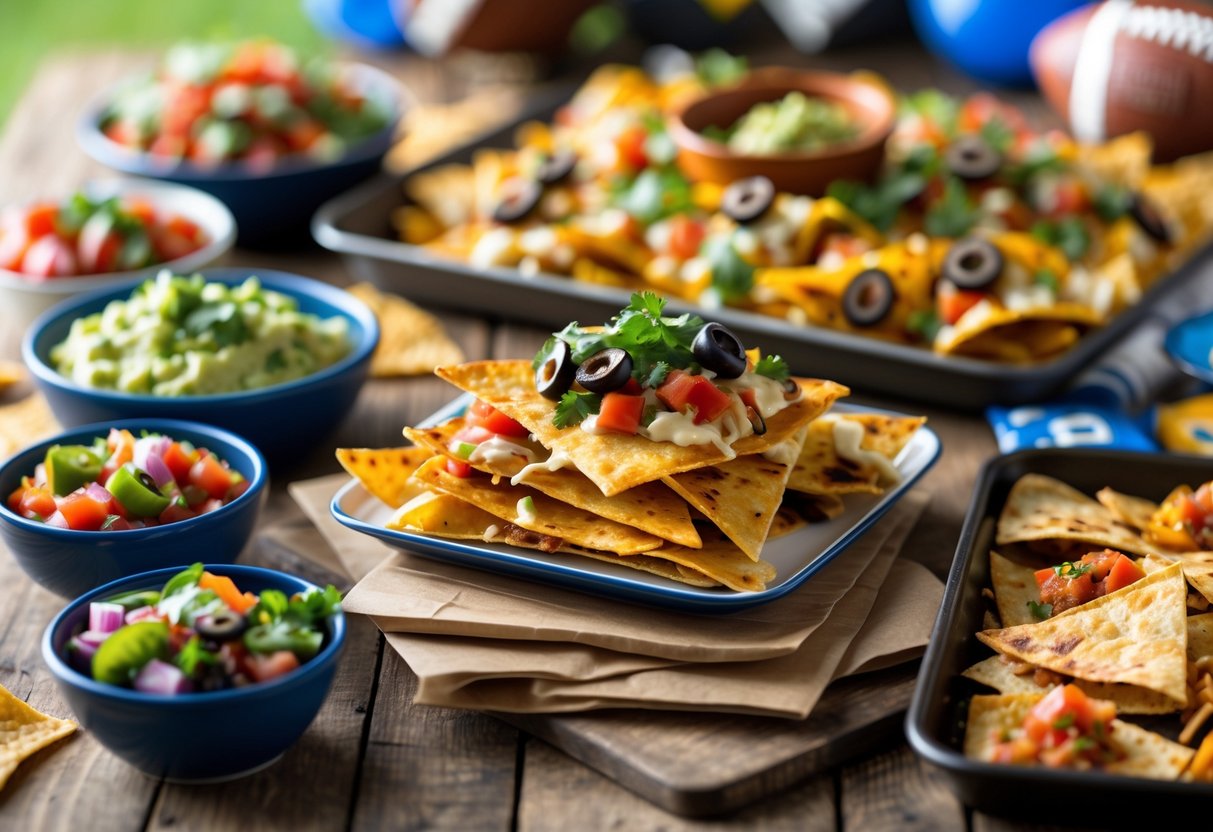 A table filled with nachos topped with cheese and jalape&ntilde;os, quesadilla wedges, and a variety of sheet pan snacks with salsa and guacamole on the side.