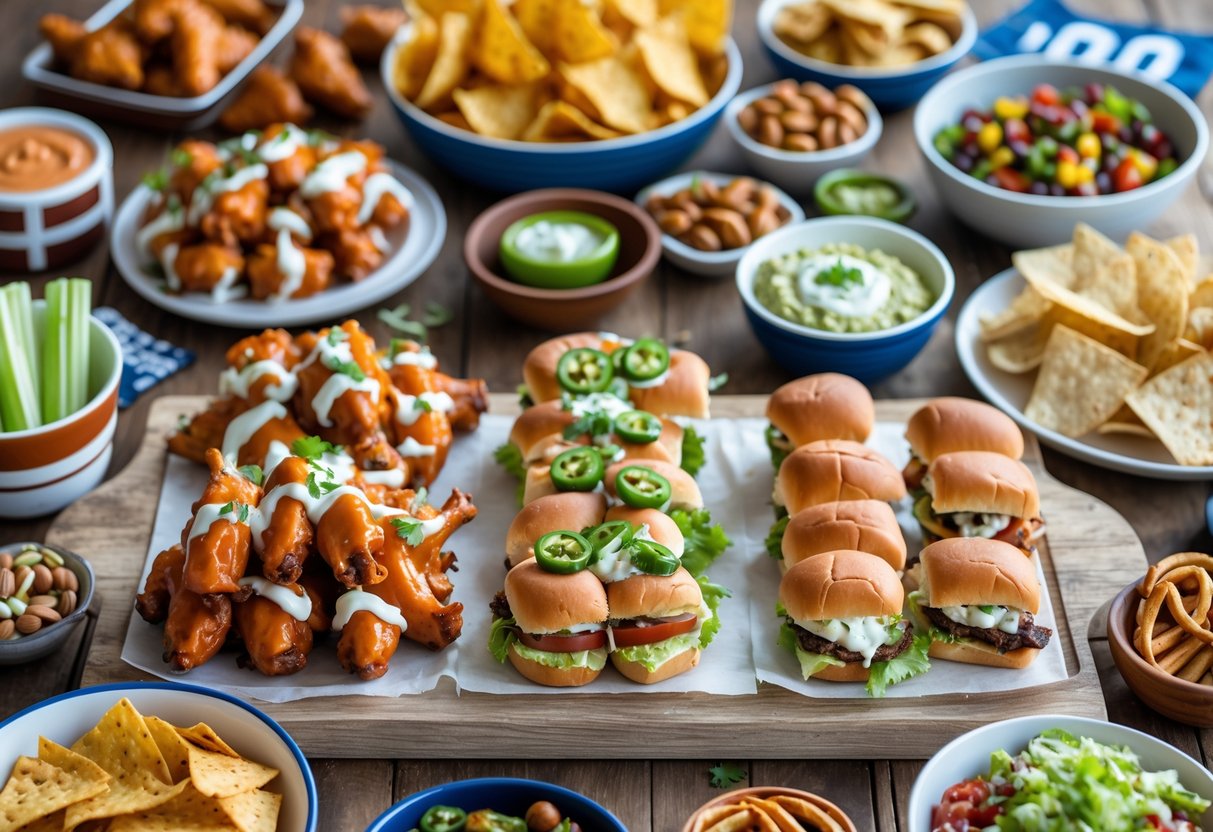 A table filled with a variety of Super Bowl party foods including buffalo wings, loaded nachos, mini sliders, tortilla chips with guacamole and salsa, and finger sandwiches.