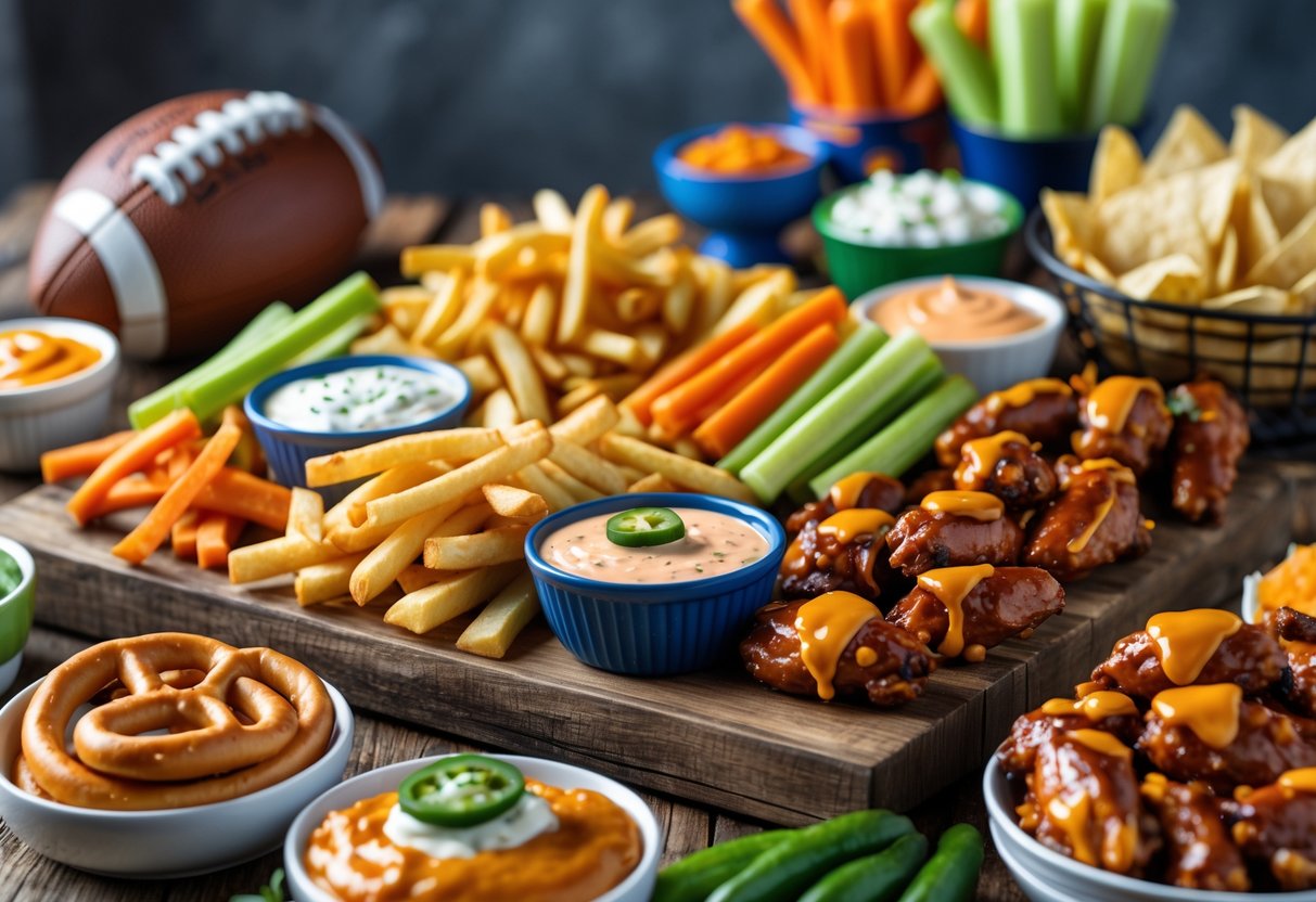 A table filled with Super Bowl party foods including fries, vegetable sticks with dips, chicken wings, pretzels, and loaded nachos.