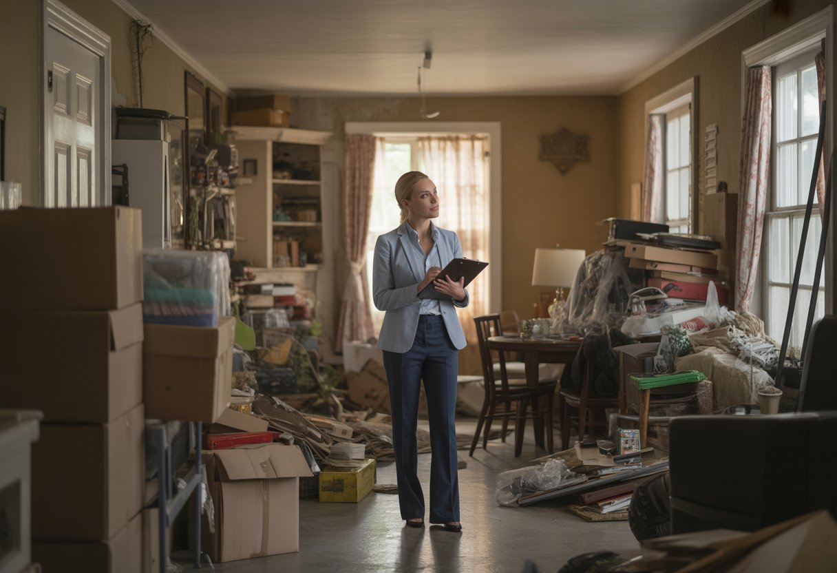 A real estate agent in business attire stands inside a cluttered house filled with piles of household items and boxes.