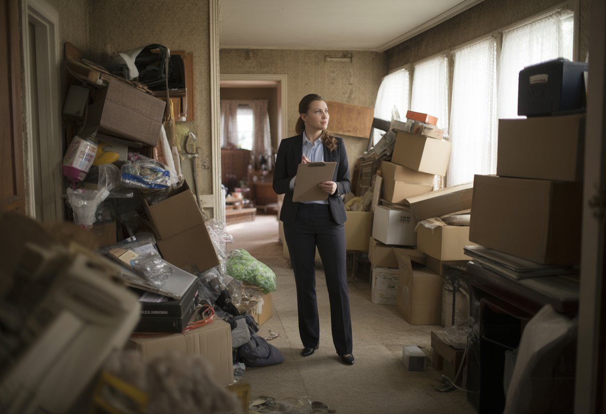 A real estate agent standing inside a cluttered house filled with piles of household items and boxes, assessing the space thoughtfully.