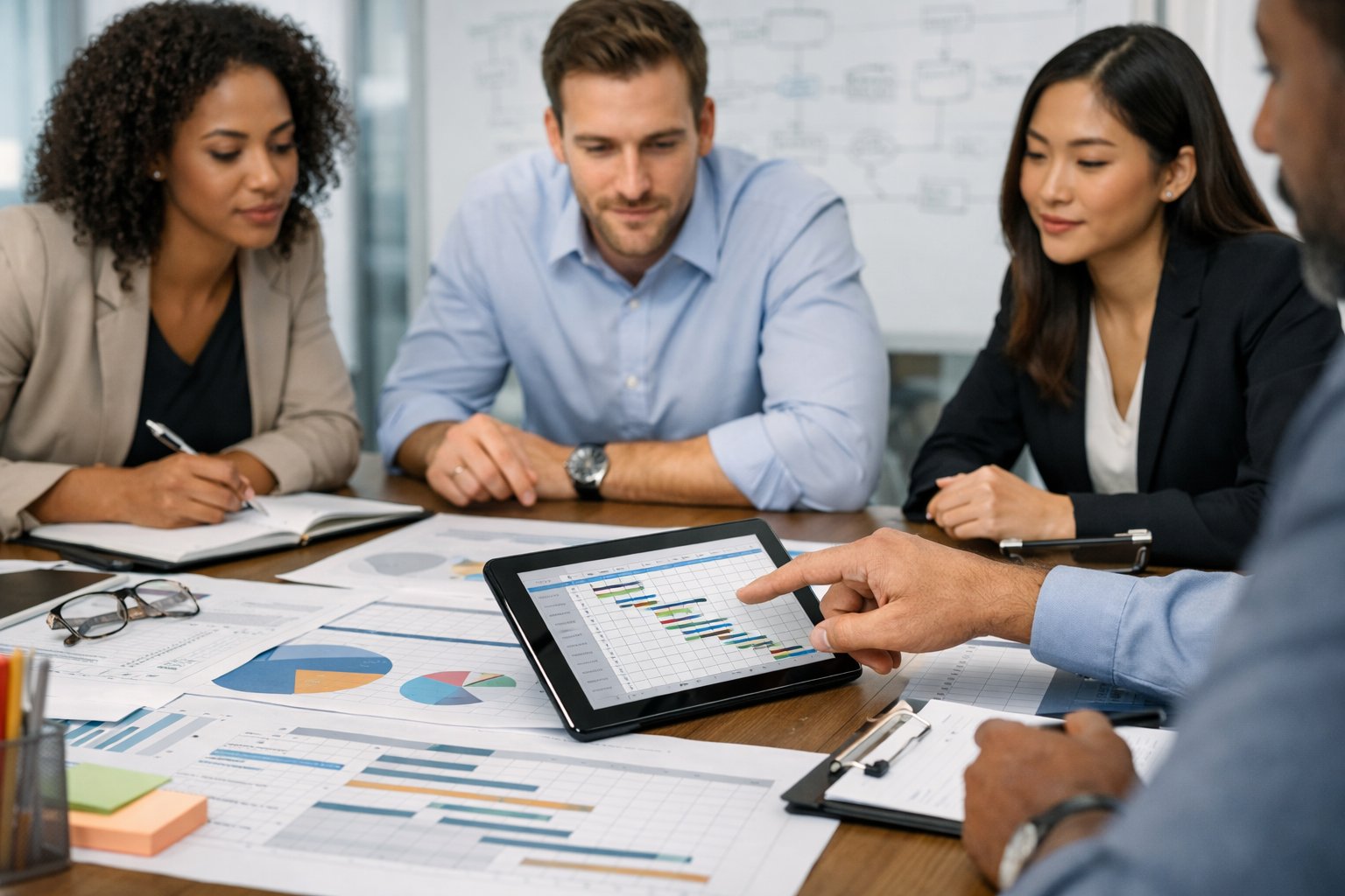 Team planning an ISO 17025 implementation timeline with project schedule and evidence checklist.