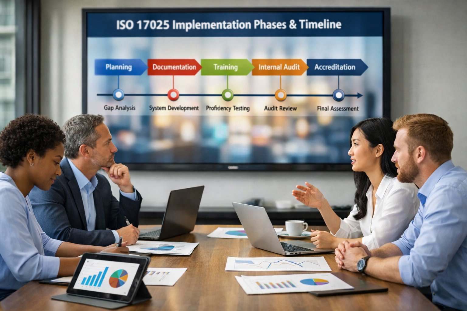 A group of professionals collaborating around a conference table with laptops and documents, with a large screen displaying a roadmap in the background.