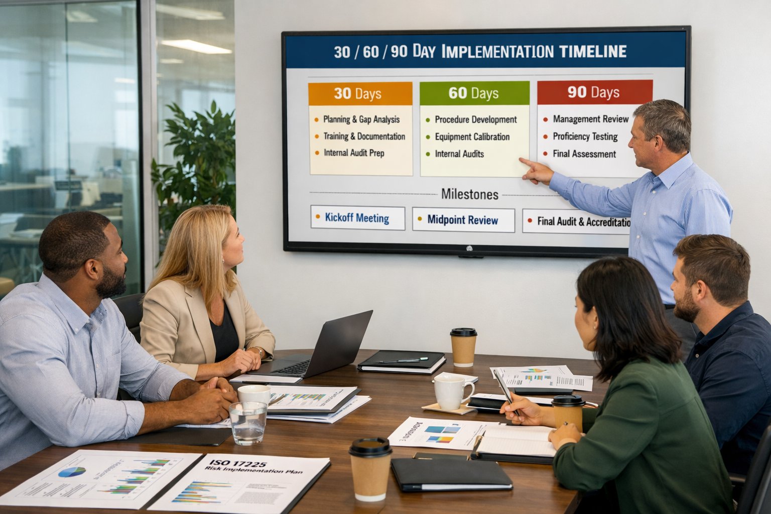 A team of professionals collaborating around a conference table reviewing a 30/60/90-day project timeline displayed on a large screen in a modern office.