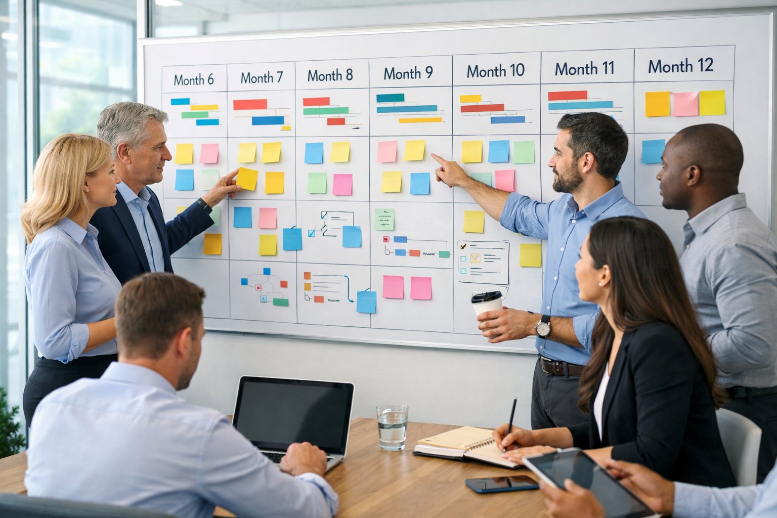 A group of professionals collaborating around a timeline board with sticky notes and charts in a bright office.