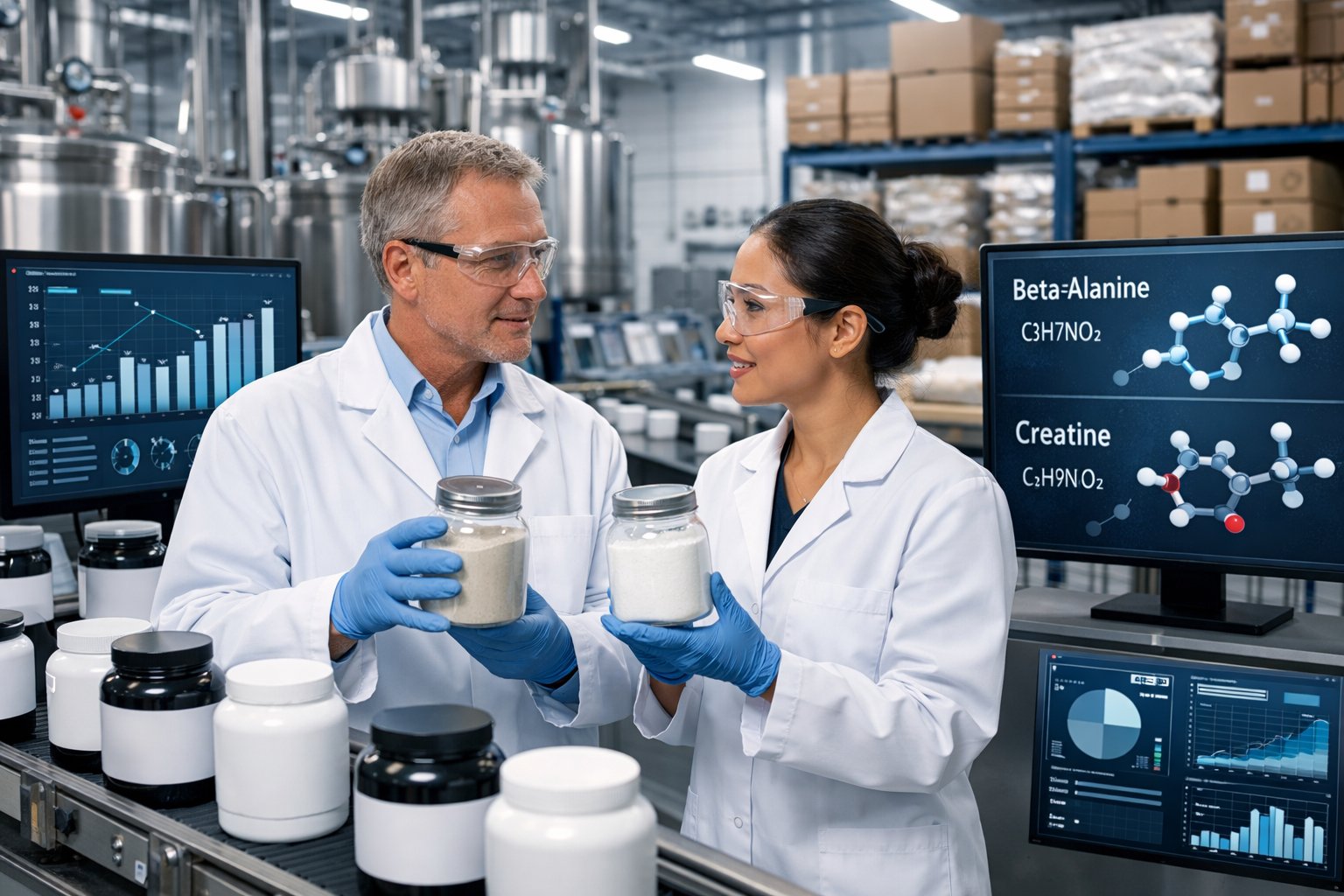 Two scientists in a clean manufacturing facility comparing powdered substances with equipment and packaging in the background.