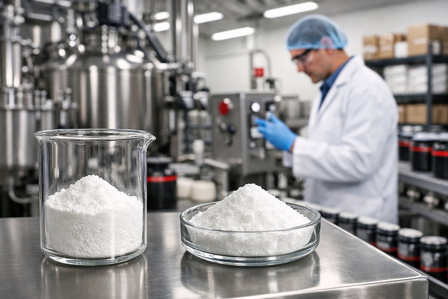 A scientist in a lab coat examines white powders in glass containers inside a modern sports nutrition manufacturing facility with stainless steel equipment.