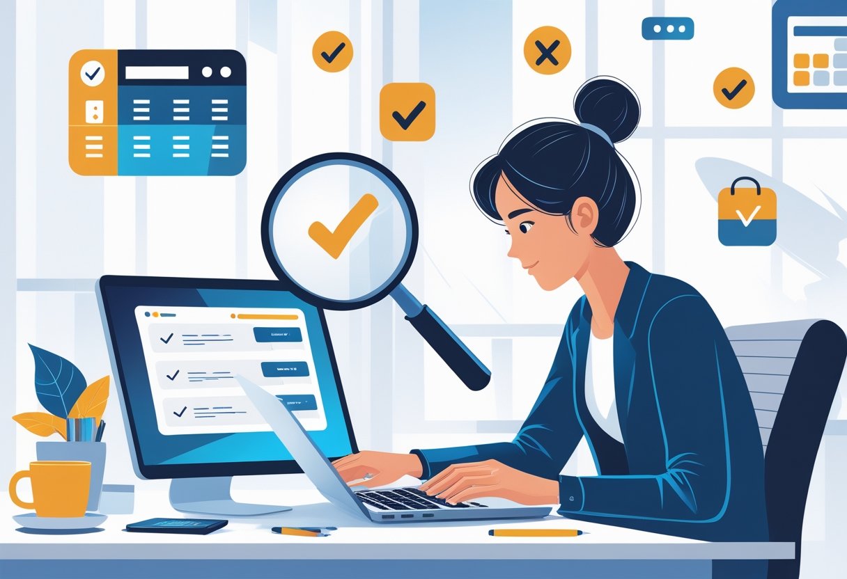 A person working on a laptop at a home office desk with icons representing job searching and verified remote job listings.
