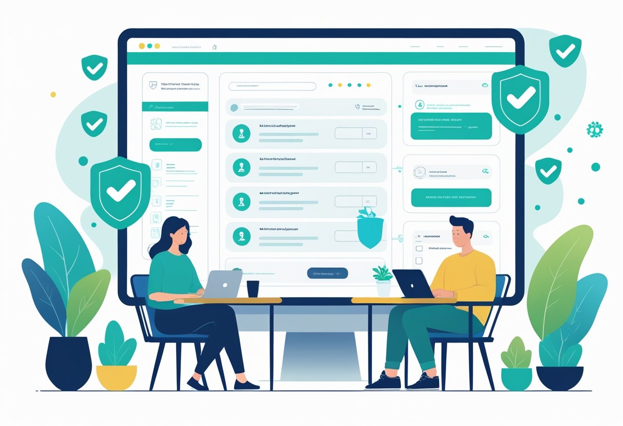 People working remotely from various locations surrounded by icons representing trust and a digital interface showing a well-organized job platform.