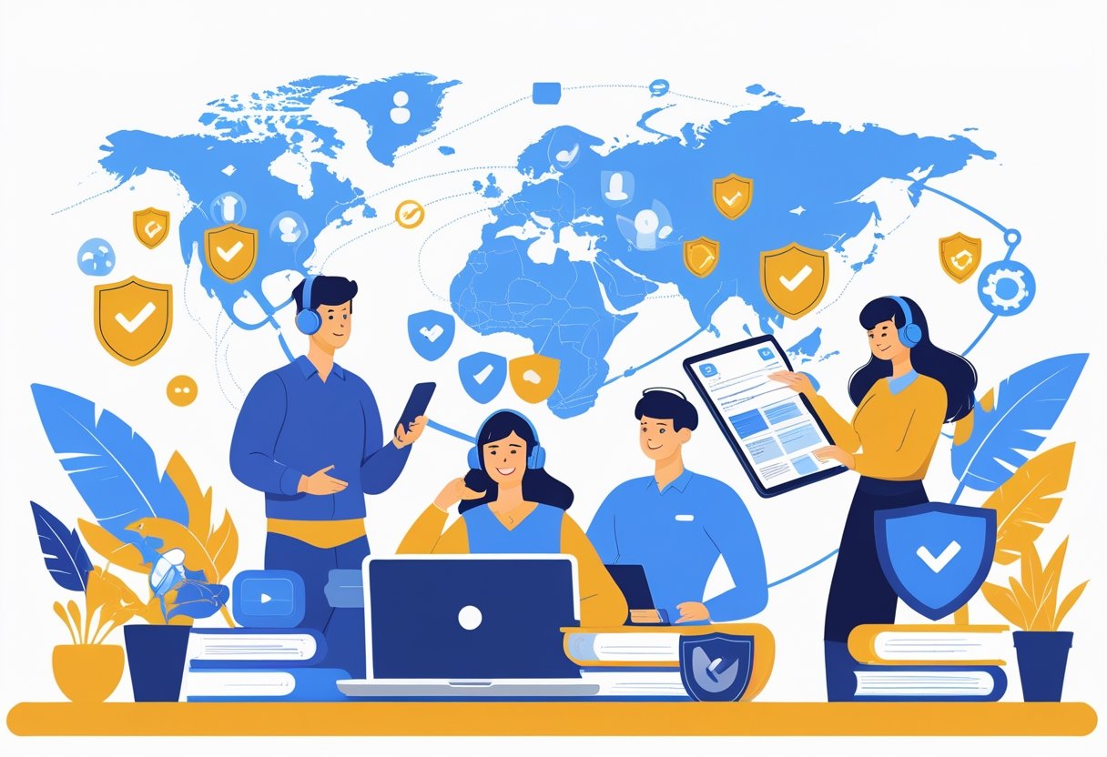 A group of diverse people working remotely from home, using laptops and tablets, with symbols representing trusted and verified remote job platforms around them.