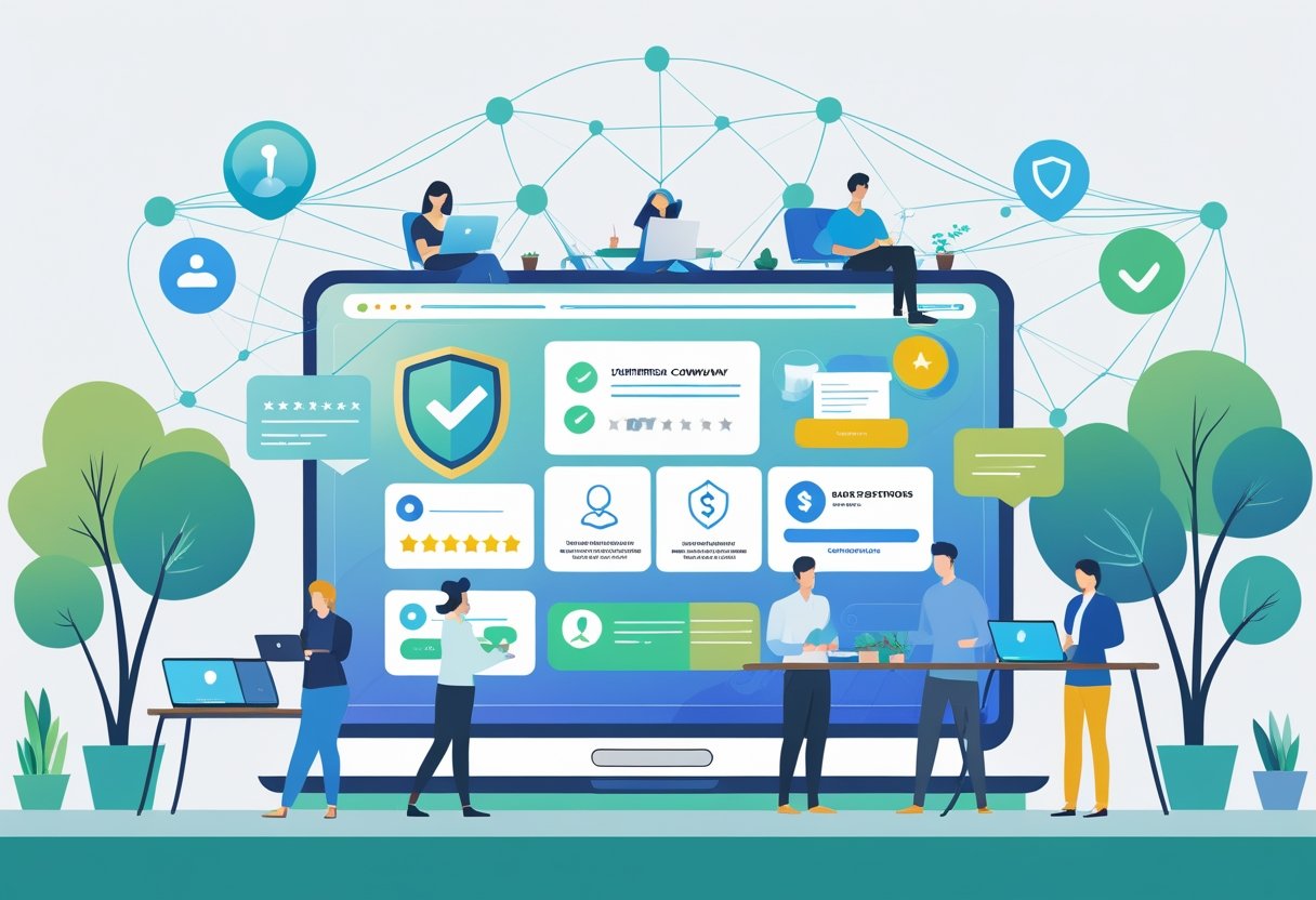 What Makes a Remote Job Board Trustworthy? 9 Signs to Look For: A Practical Vetting Guide A diverse group of people working remotely from different locations connected through digital devices, with a large transparent interface showing symbols of trust and security.