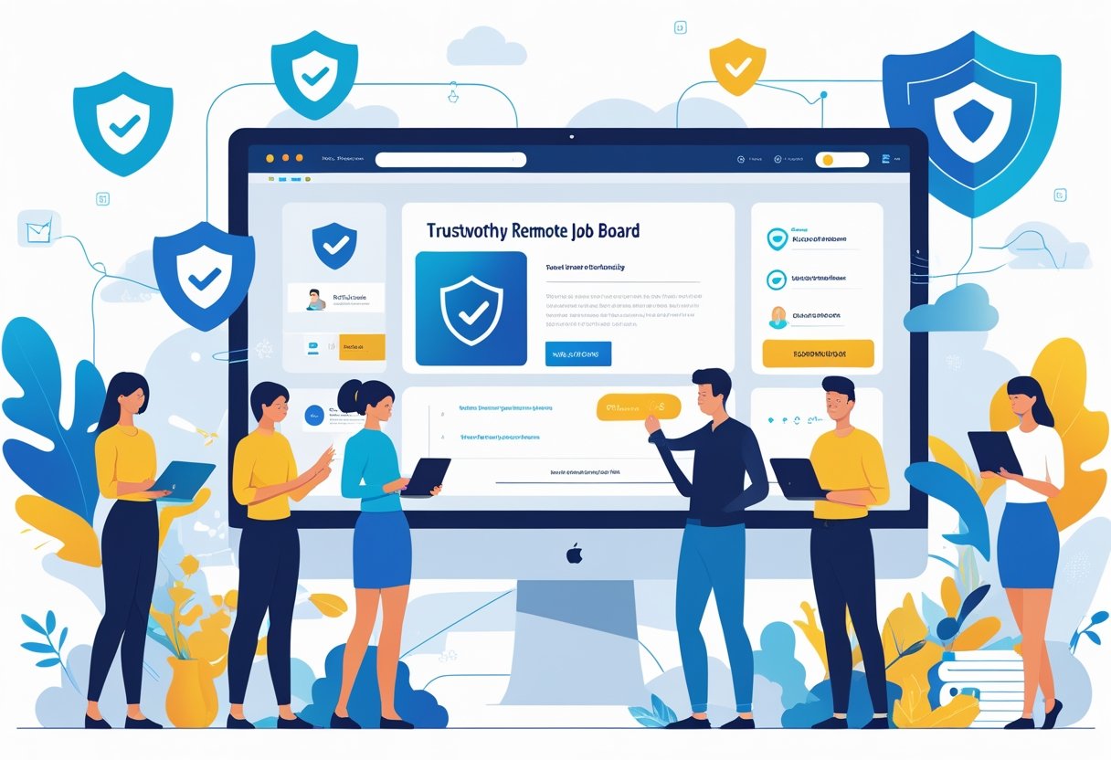 What Makes a Remote Job Board Trustworthy? 9 Signs to Look For: A Practical Vetting Guide A group of remote workers using laptops and tablets with symbols of trust like shields and checkmarks around a computer screen showing a secure job board interface.