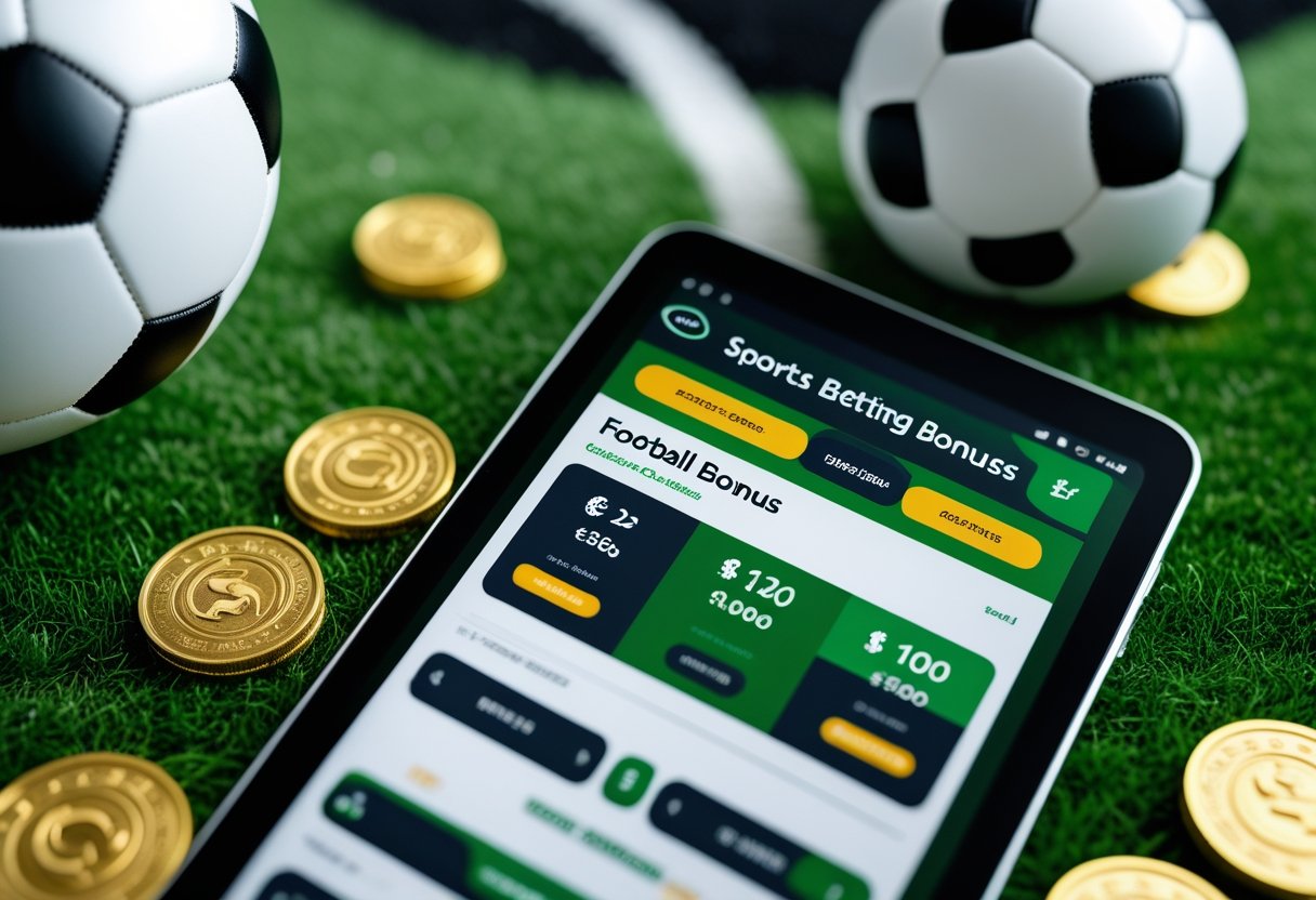 Sebuah tablet menampilkan aplikasi taruhan bola dengan bola sepak di latar belakang dan koin emas di sekitar.