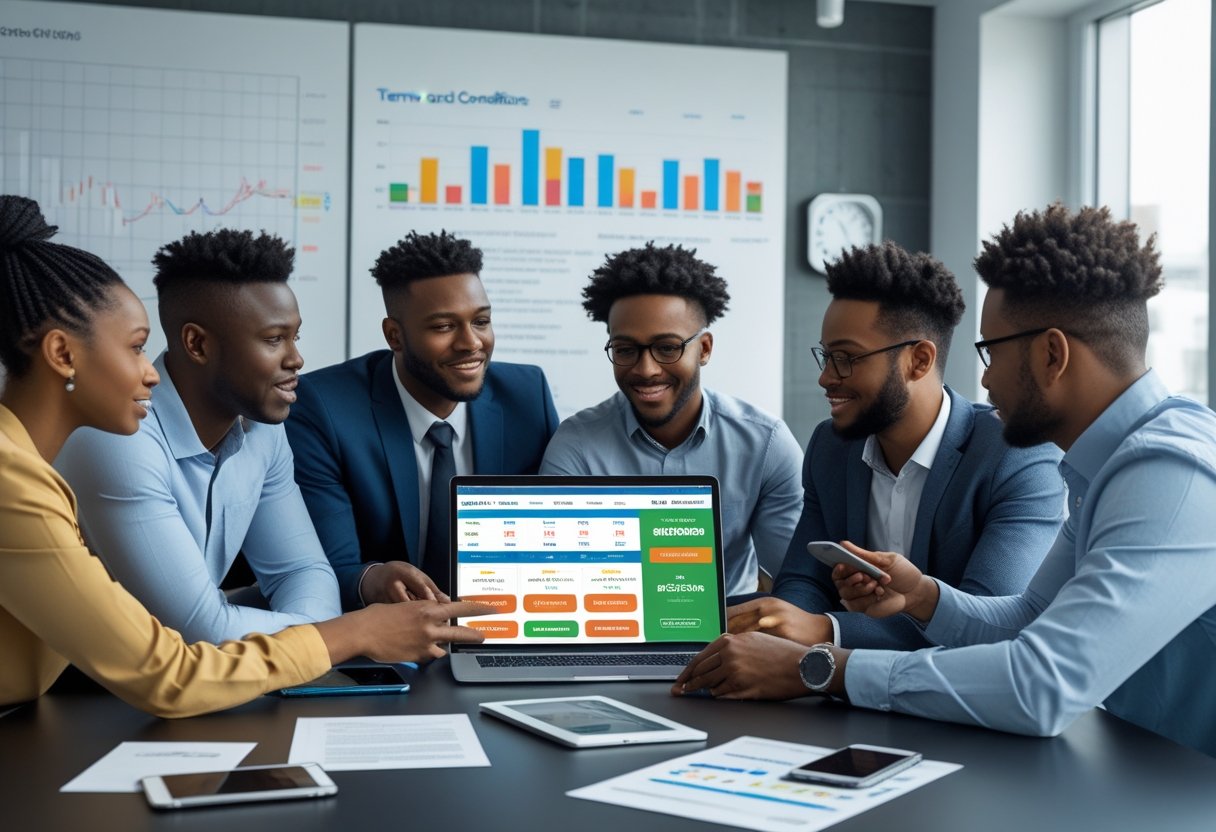 Sekelompok orang sedang berdiskusi di meja kantor dengan laptop dan dokumen terkait bonus taruhan bola.