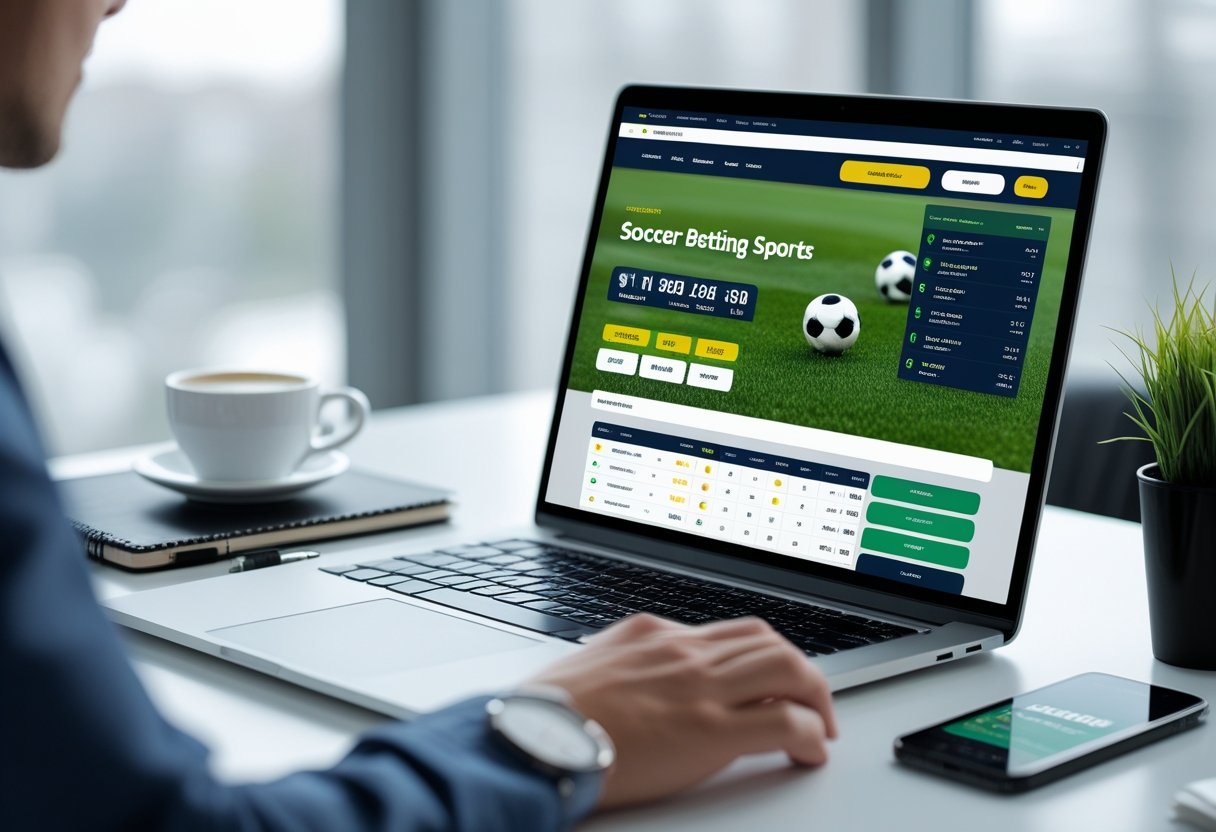 Seorang pengguna sedang melihat situs taruhan bola online di laptop dan ponsel di atas meja kerja.