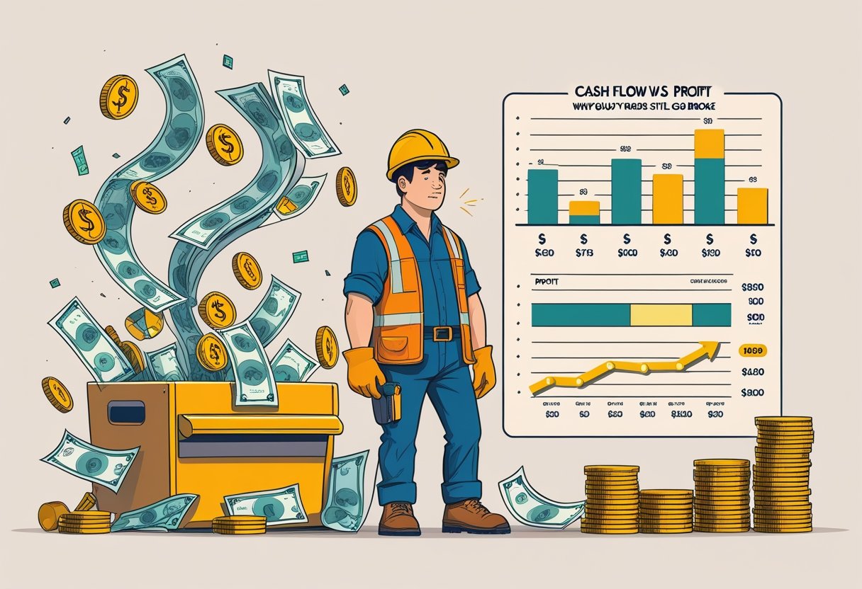 A busy tradesperson at a construction site looks concerned while surrounded by symbols of cash flow and profit, with unpaid bills and invoices nearby. A busy tradesperson at a construction site looks concerned while surrounded by symbols of cash flow and profit, with unpaid bills and invoices nearby.