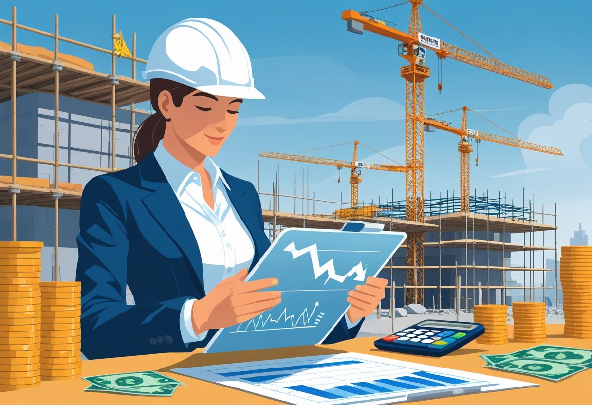 A businessperson wearing a hard hat reviews financial documents at a construction site with cranes and buildings in the background. A businessperson wearing a hard hat reviews financial documents at a construction site with cranes and buildings in the background.