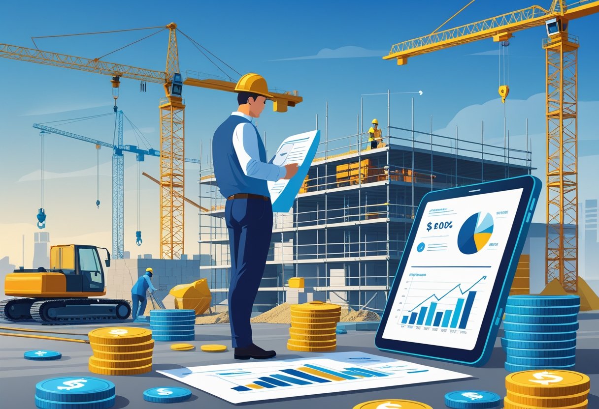 A businessperson reviewing financial charts at a construction site with workers, cranes, and building structures in the background. A businessperson reviewing financial charts at a construction site with workers, cranes, and building structures in the background.