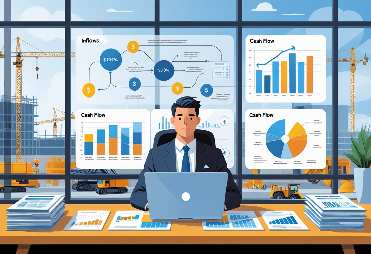A person working at a desk with financial charts and a laptop, with a construction site visible through a window behind them. A person working at a desk with financial charts and a laptop, with a construction site visible through a window behind them.