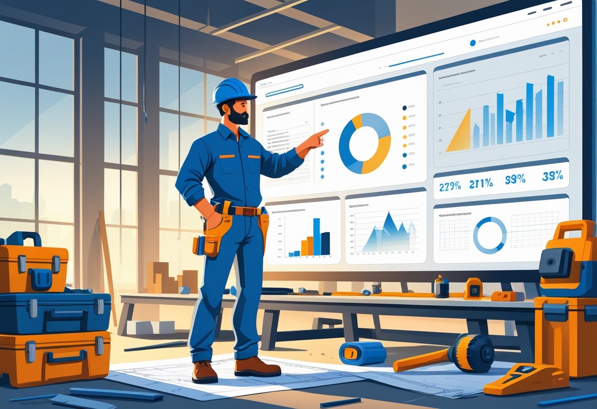 A tradesperson in work clothes stands in a workshop surrounded by tools, looking at a large digital dashboard showing business charts and data. A tradesperson in work clothes stands in a workshop surrounded by tools, looking at a large digital dashboard showing business charts and data.