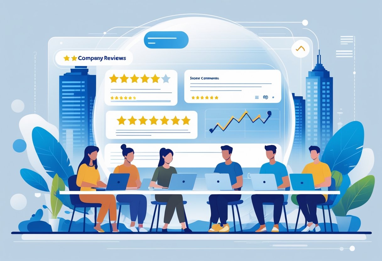 People working remotely in different locations connected by a digital interface showing star ratings and company logos symbolizing reviews affecting job credibility.