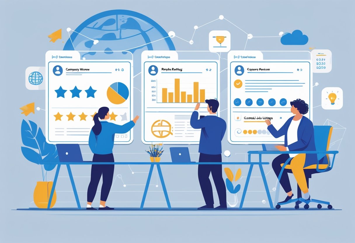 A group of remote workers reviewing floating digital job boards with icons for company reviews and curated listings in a modern workspace.