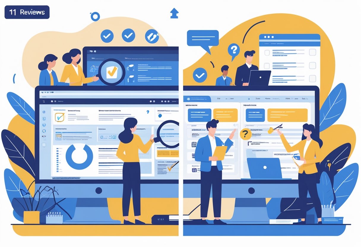 Two side-by-side scenes showing professionals vetting remote job listings on the left and users submitting reviews on the right, with elements representing remote work in the background.