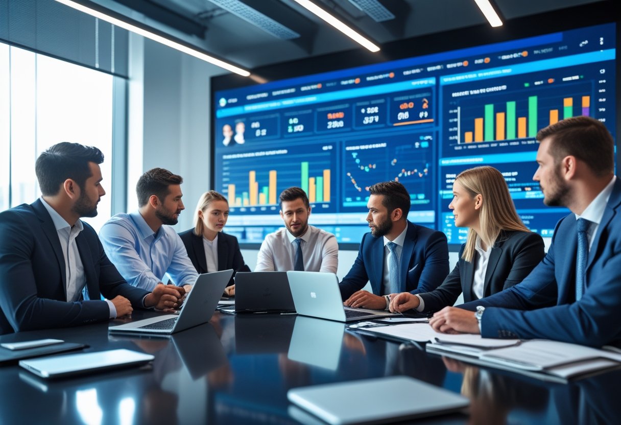 Sekelompok manajer olahraga sedang berdiskusi di ruang kantor dengan layar digital menampilkan data transfer pemain.