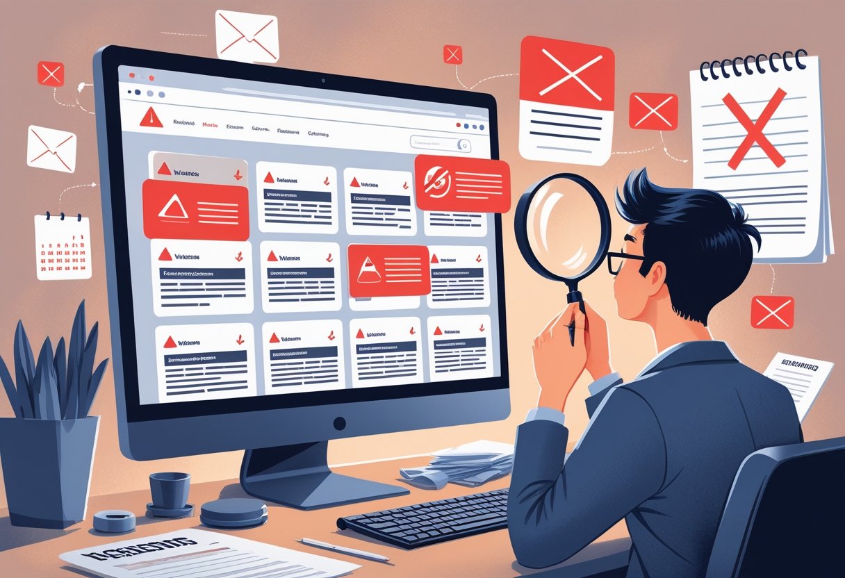 A person at a desk carefully examining suspicious job listings on a computer screen with warning icons and vague descriptions, highlighting the difficulty of spotting fake remote job offers.