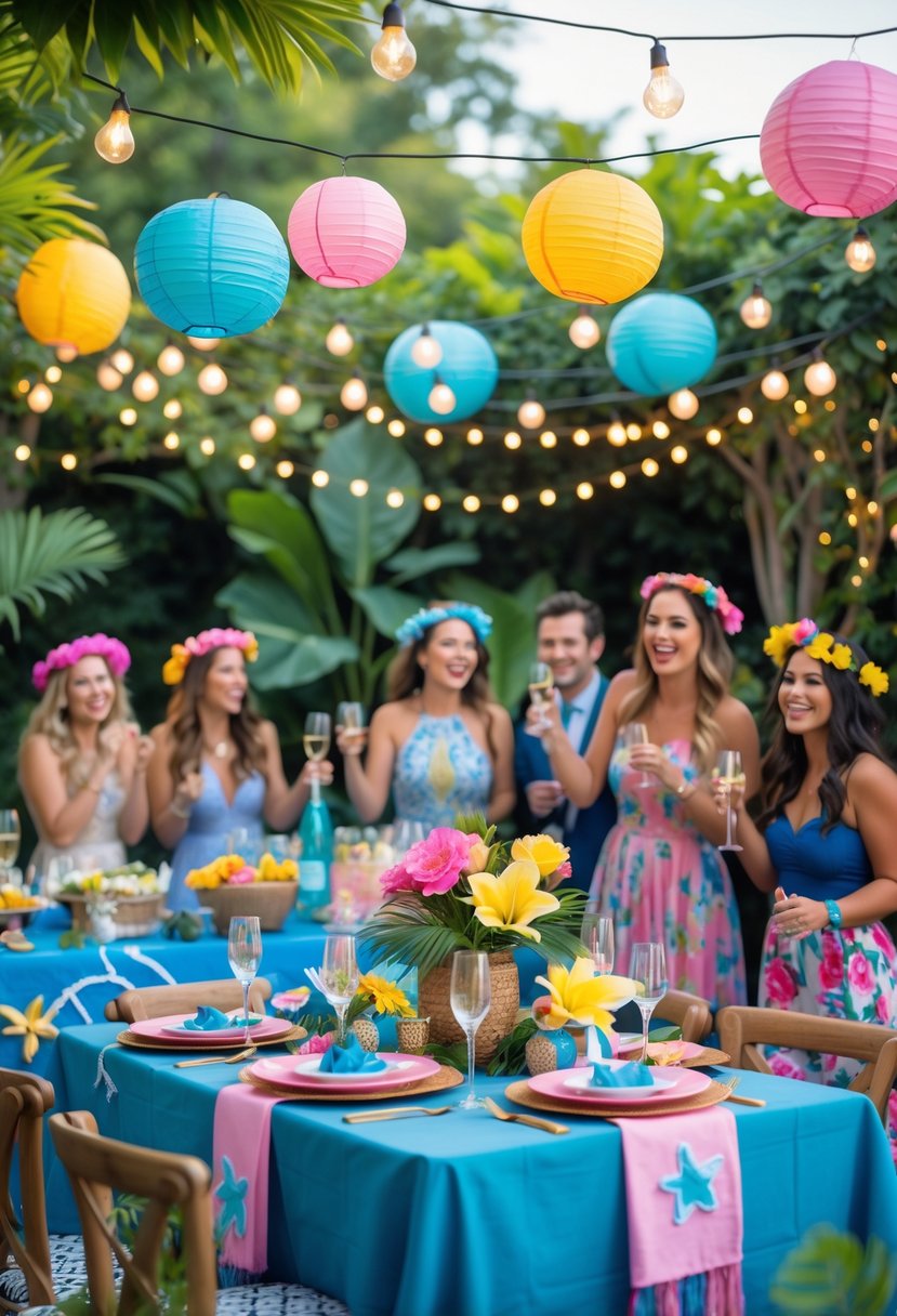 Outdoor bachelorette party with colorful floral decorations, string lights, festive table settings, and guests celebrating in a garden.