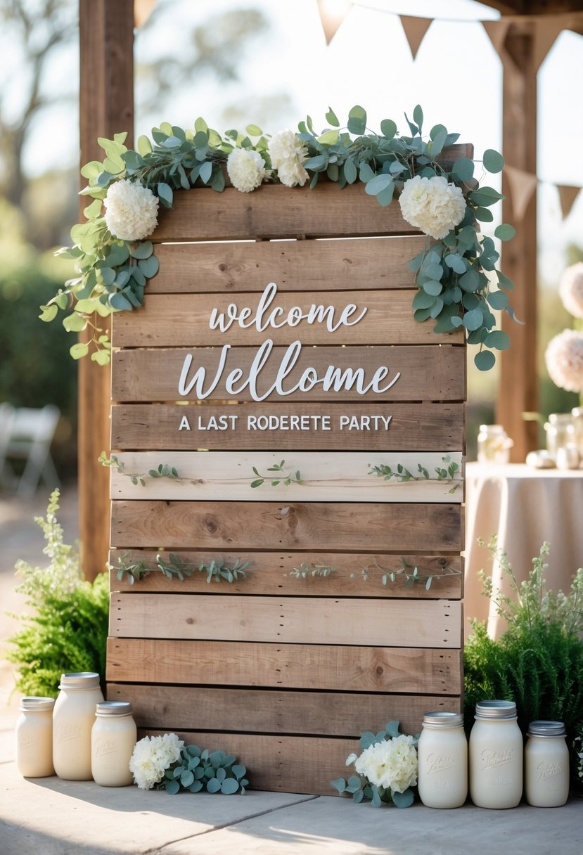 A rustic wooden pallet welcome sign decorated with greenery and flowers, surrounded by bachelorette party decorations in an outdoor garden setting.