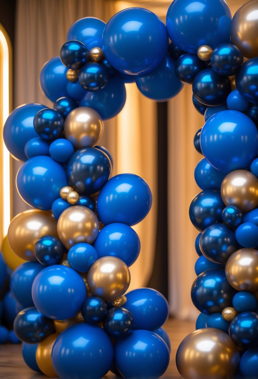 A royal blue and gold balloon arch arranged indoors for a festive celebration.