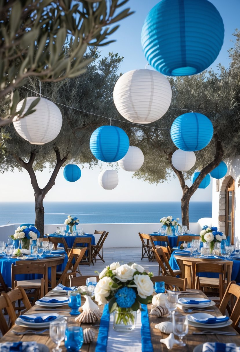 Outdoor party scene with blue and white paper lanterns hanging among trees and white walls, decorated tables with flowers and nautical accents, overlooking the sea.