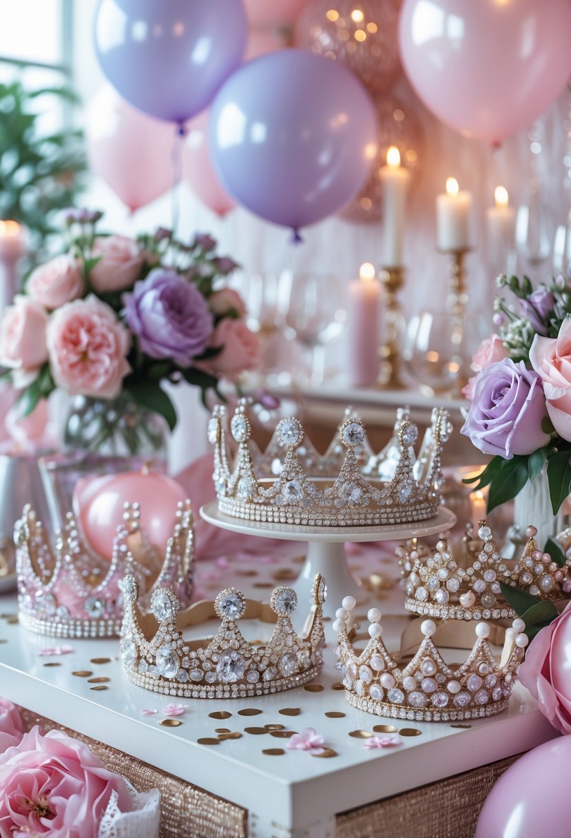A table decorated with sparkling tiaras and faux diamond crowns surrounded by pastel balloons and floral arrangements for a bachelorette party.