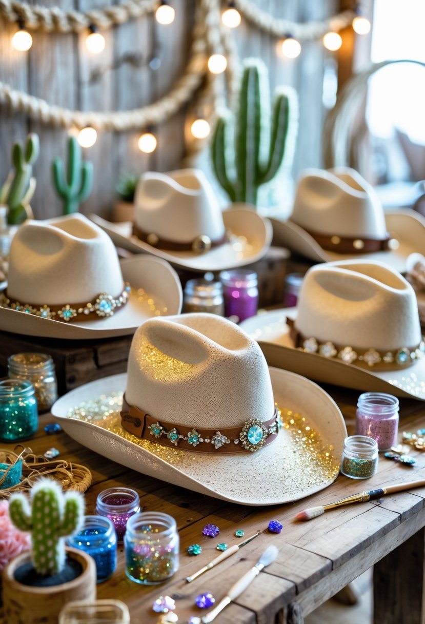 A table with cowgirl hats and glitter crafting supplies arranged for a bachelorette party decoration activity.