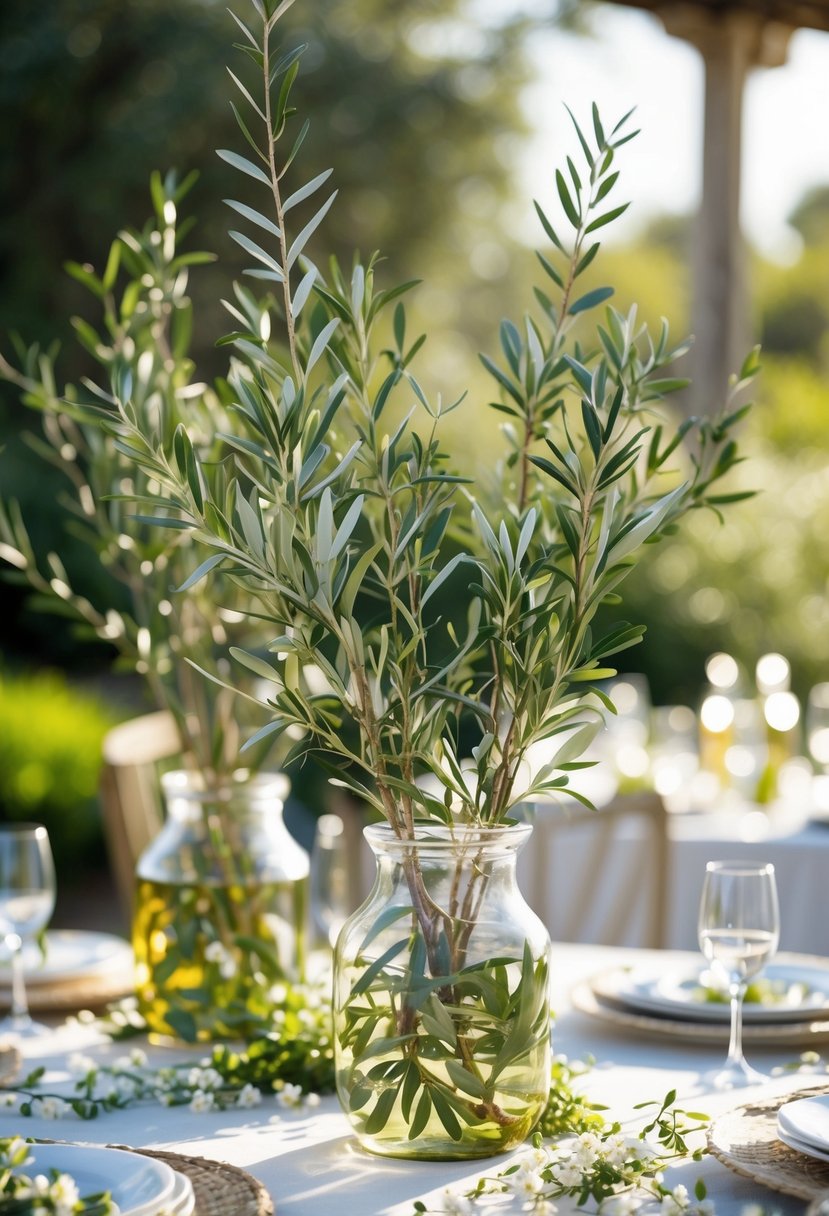 Table with sunlit olive branch centerpieces in glass vases surrounded by small white flowers and greenery outdoors.