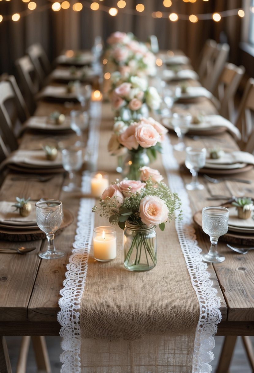 A rustic wooden table decorated with burlap and lace runners, floral centerpieces, candles, and soft lighting for a festive party.