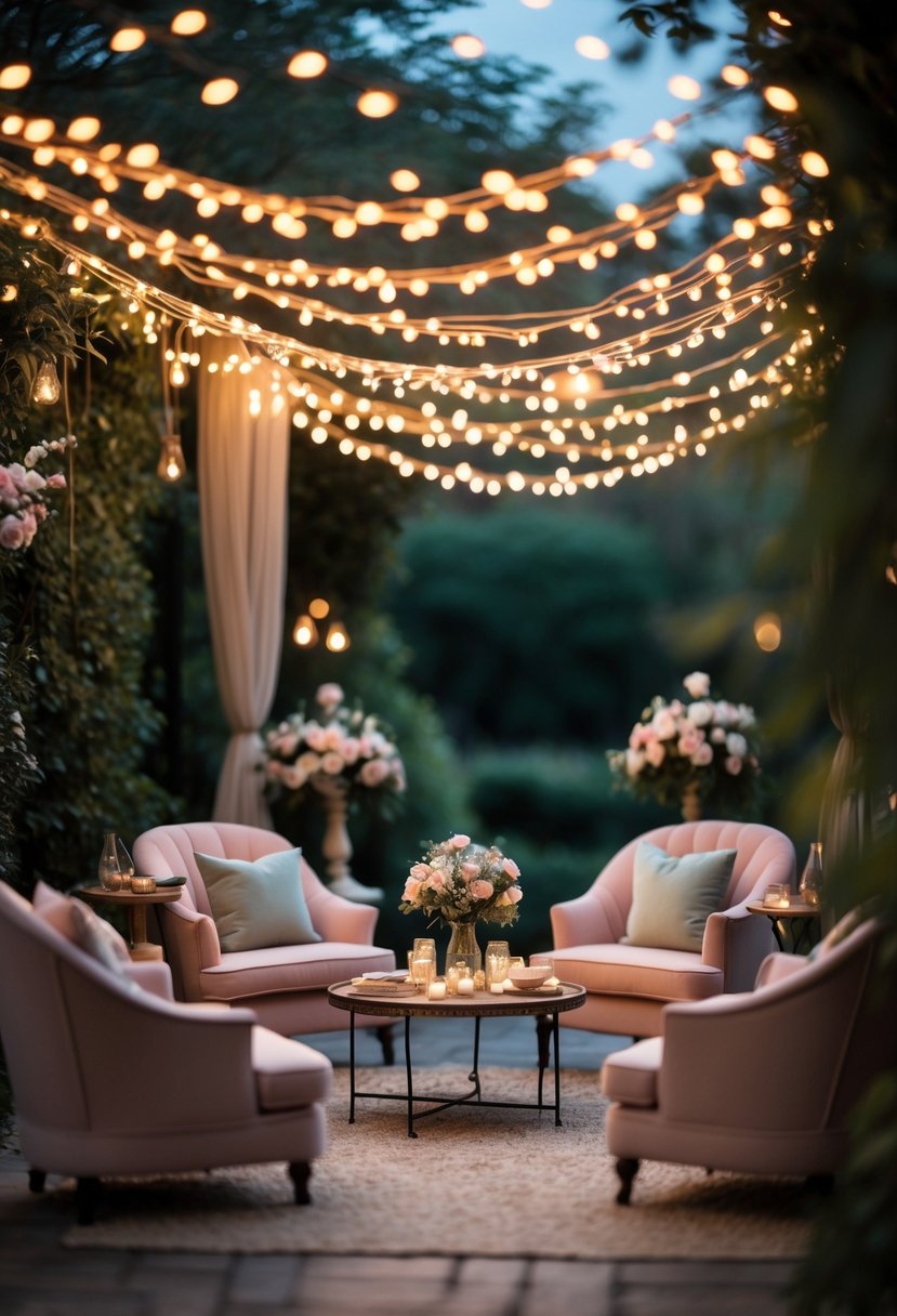 Outdoor seating area with chairs and cushions under a canopy of warm fairy lights surrounded by greenery.