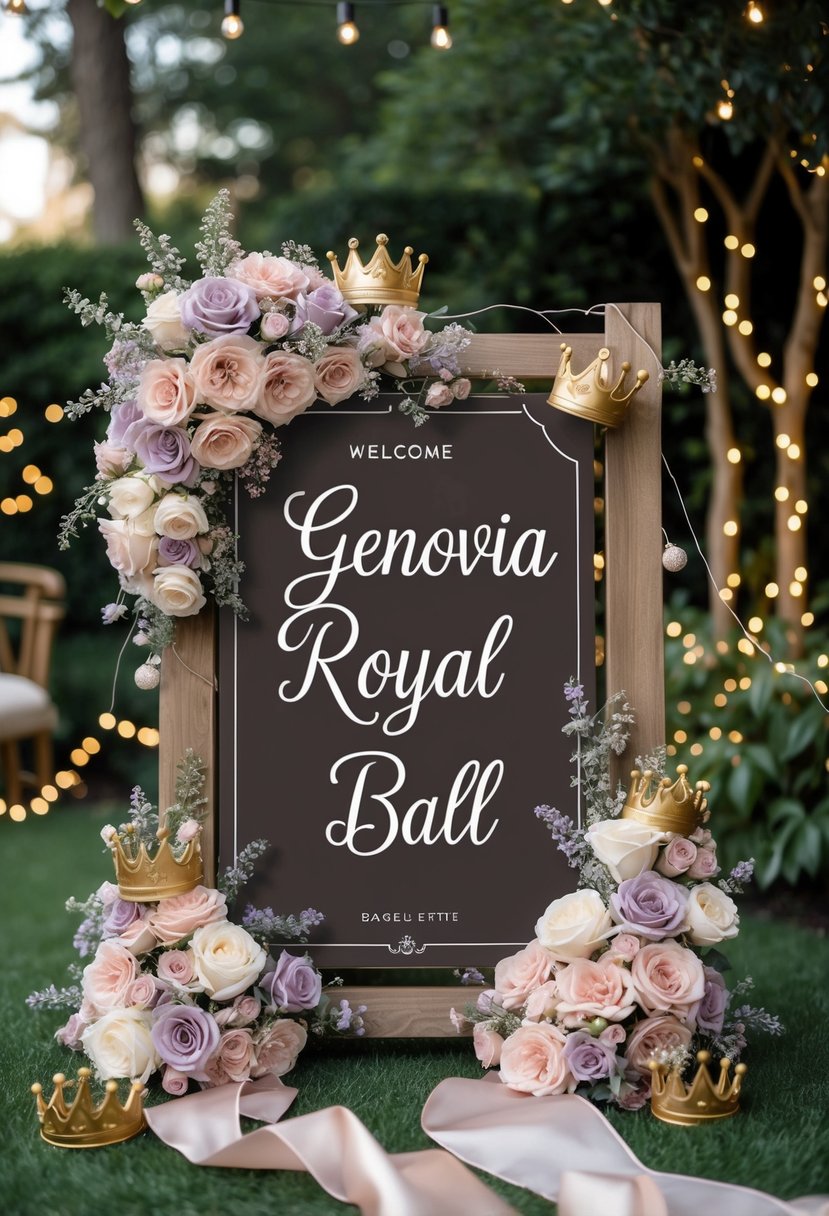A decorated wooden welcome sign surrounded by pastel flowers, golden crowns, and fairy lights in a garden setting.