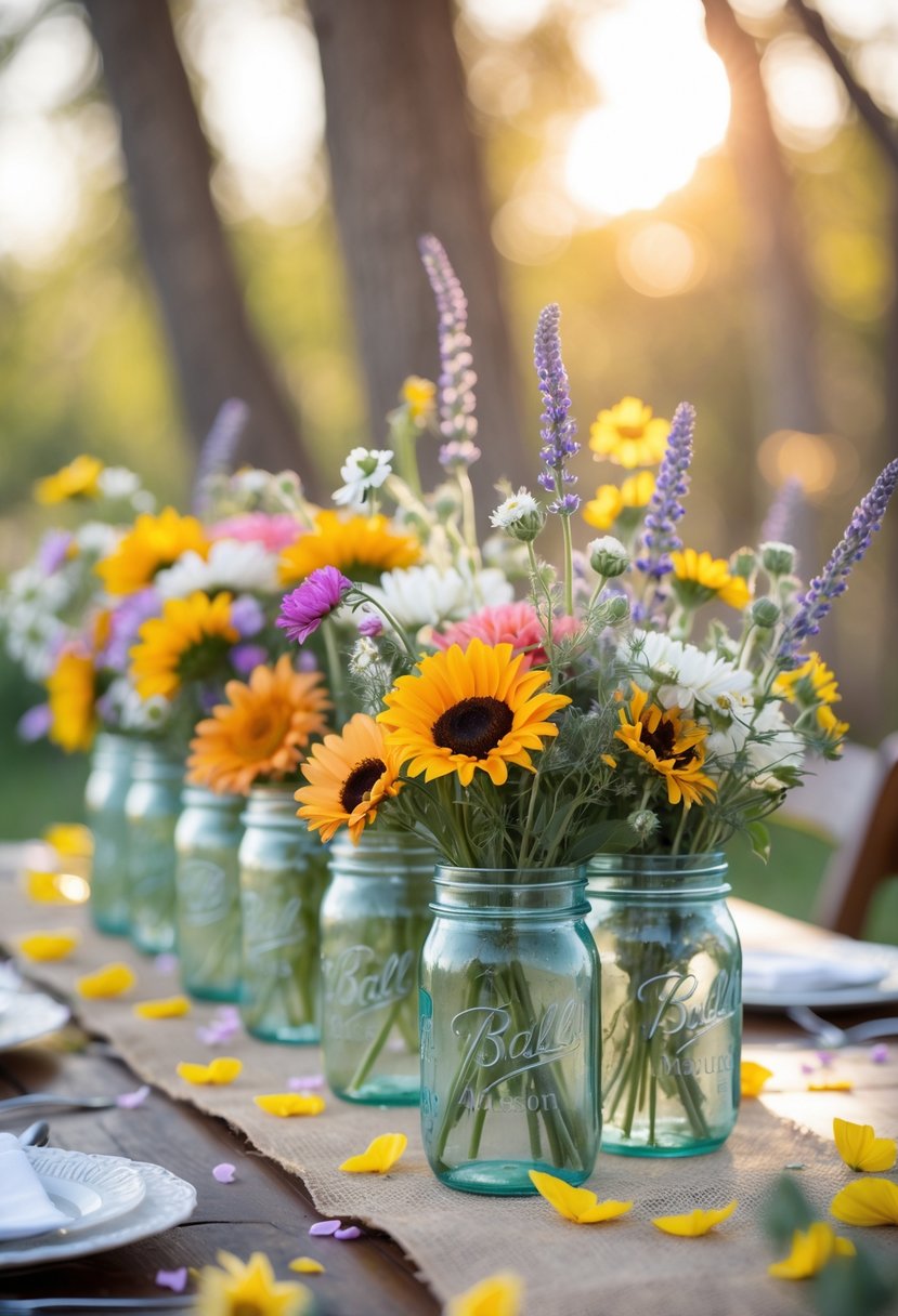 Mason jars filled with colorful wildflowers arranged on a wooden table outdoors.