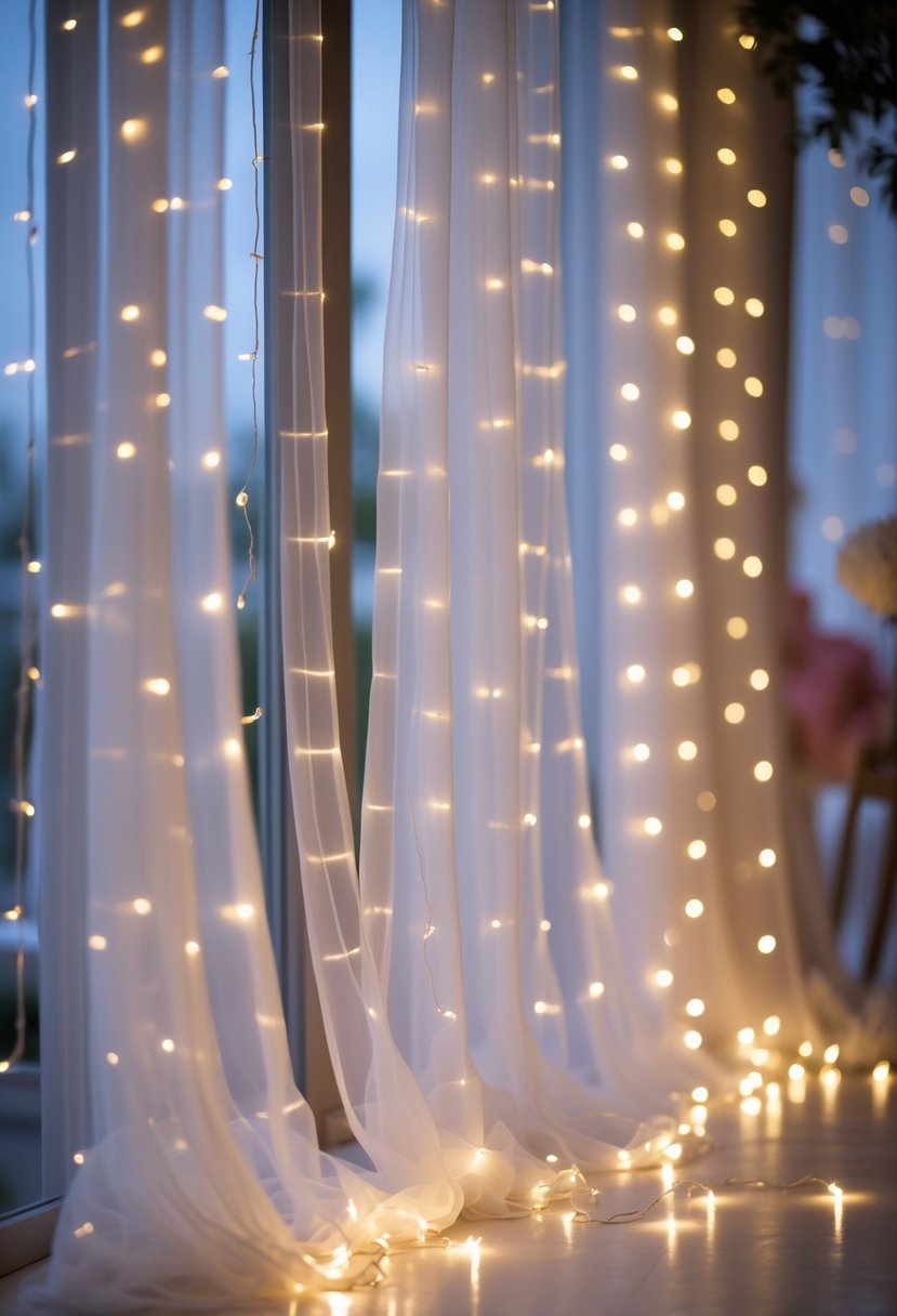 White sheer curtains softly lit by warm twinkle lights creating a cozy and festive atmosphere.